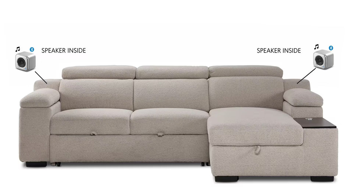 Slayden taupe polyester sectional with left-facing chaise, adjustable headrests and built-in Bluetooth speakers in both arms.
