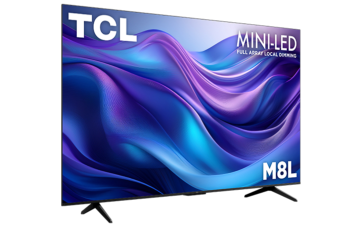 TCL 75" M8L Mini-LED Smart TV angled front view with colourful abstract graphics and two black feet