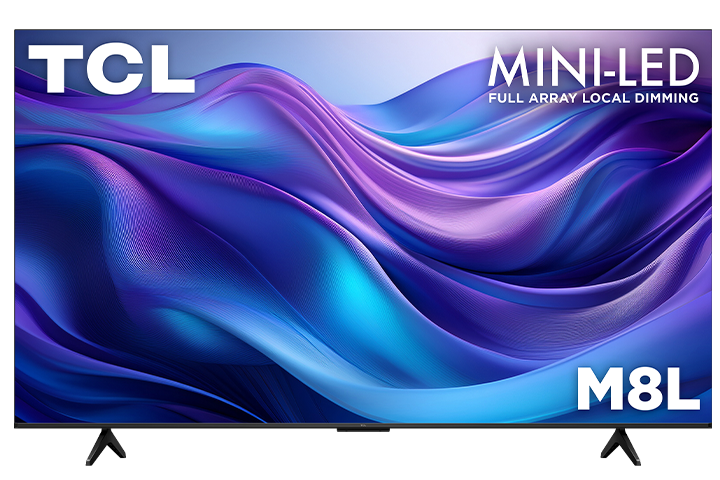 TCL 75-inch M8L Series 4K UHD HDR Mini-LED Smart TV with Google TV shown from the front with colourful abstract graphics on screen