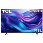 TCL 75-inch M8L Series 4K UHD HDR Mini-LED Smart TV with Google TV shown from the front with colourful abstract graphics on screen
