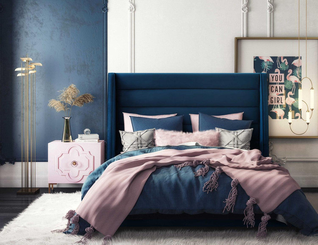 Ferret Platform Velvet Queen Bed - Navy