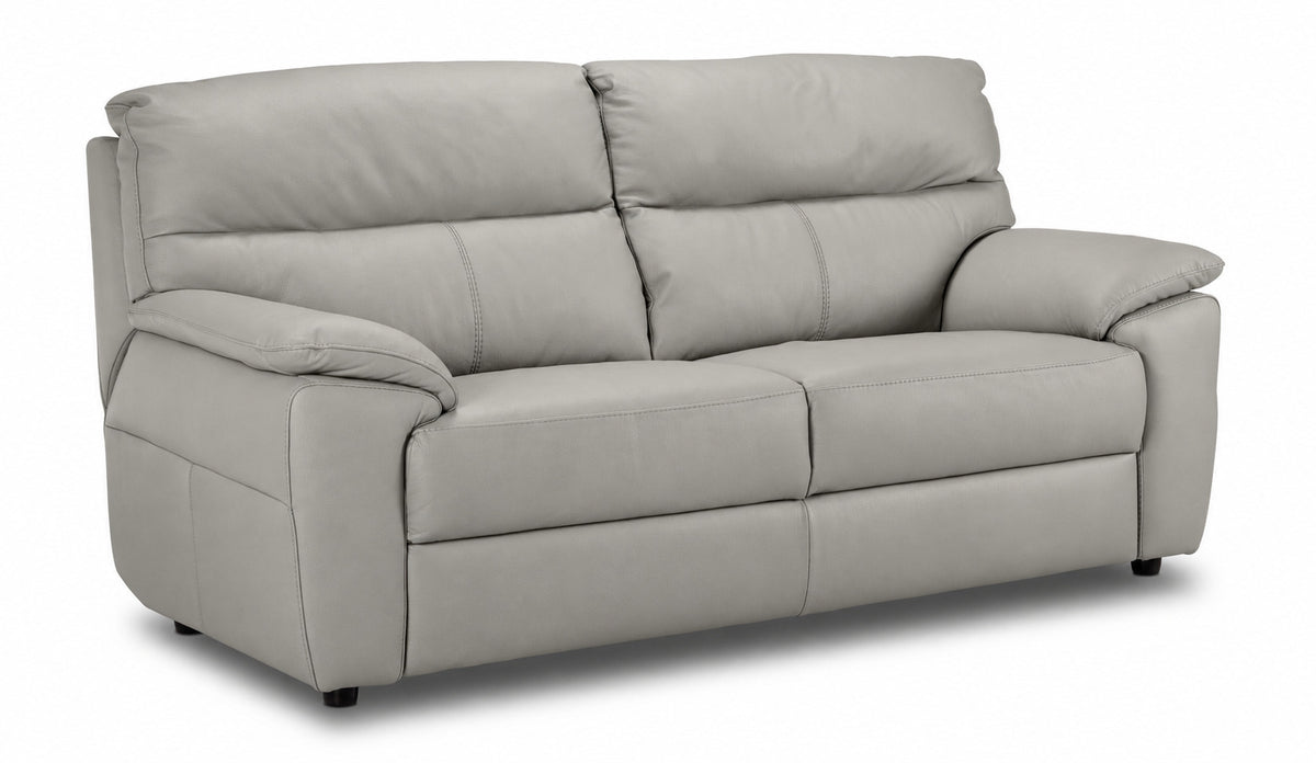 Grey leather sofa with two wide seats, plush back cushions and padded armrests