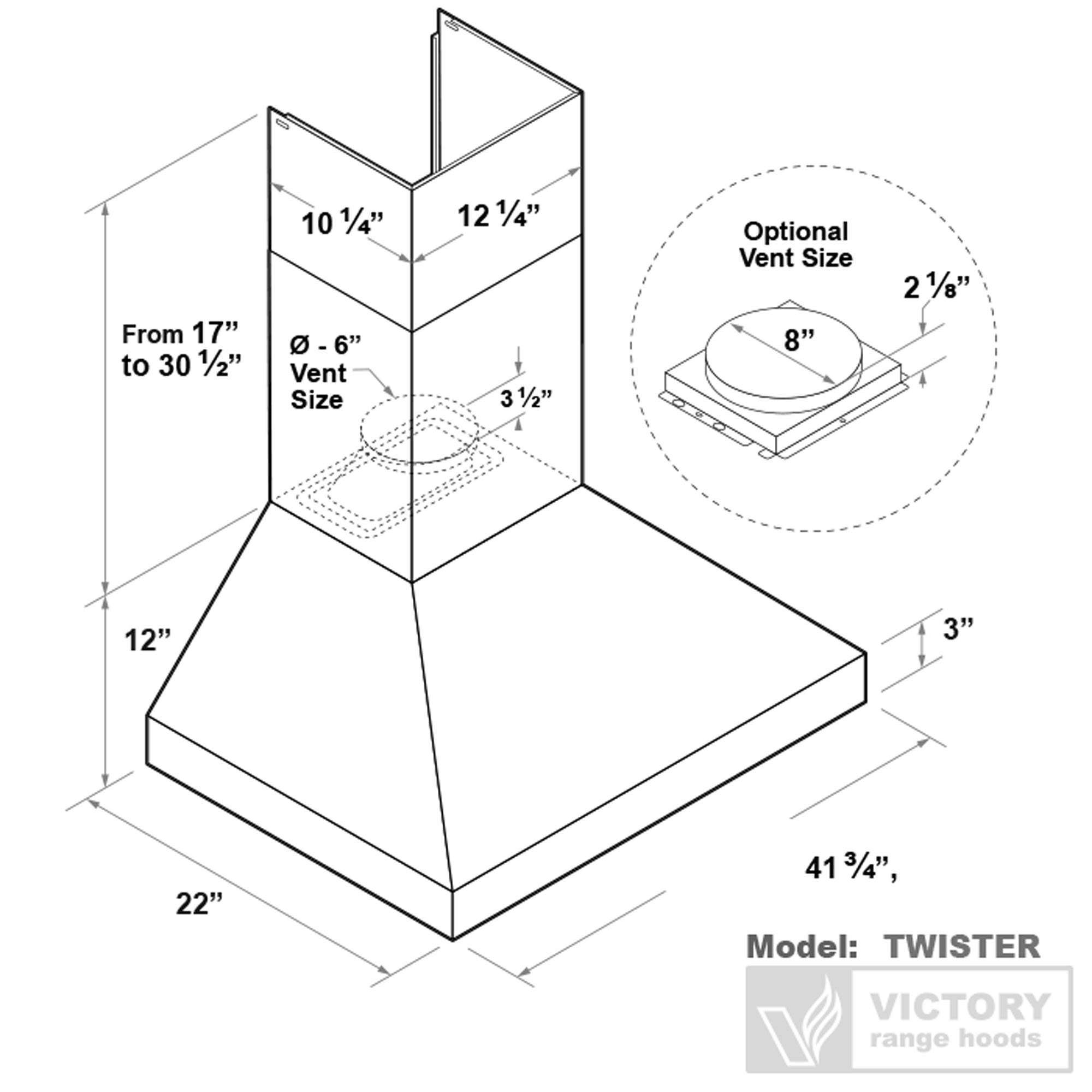 VICTORY Stainless Steel 42-Inch 750 CFM Wall Mount Range Hood - Twister-42