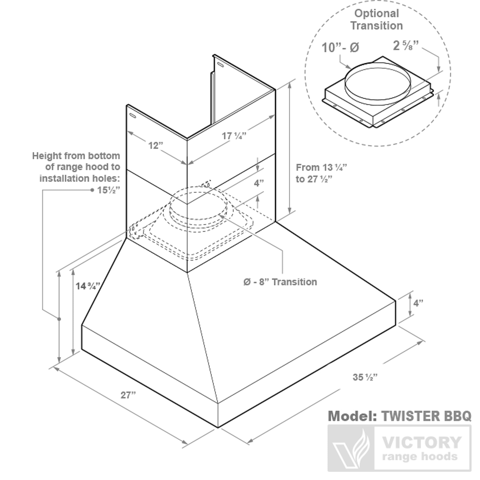 VICTORY Stainless Steel 36-Inch 1200 CFM Wall Mount Range Hood for Outdoor BBQ - Twister-BBQ-36