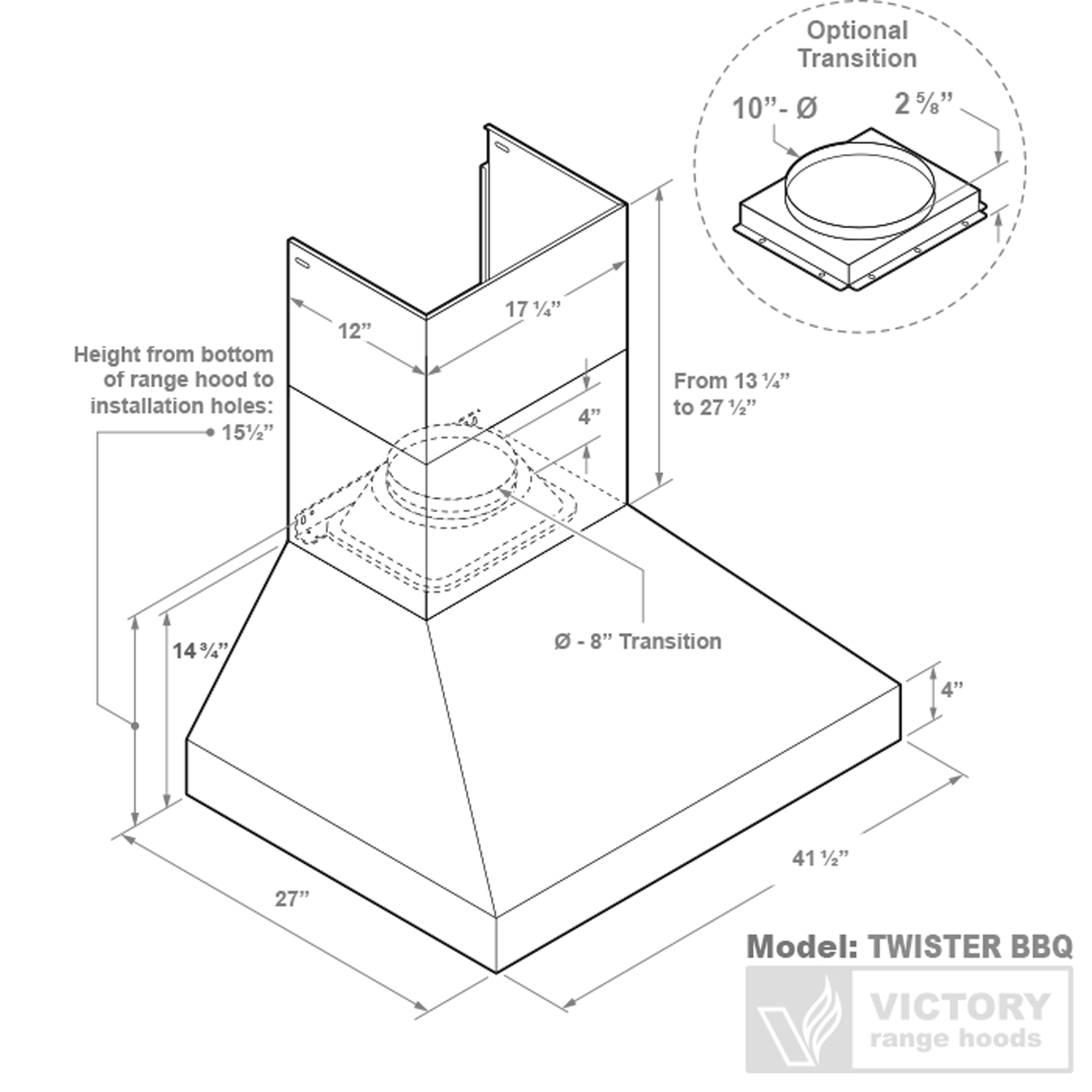 VICTORY Stainless Steel 42-Inch 1200 CFM Wall Mount Range Hood for Outdoor BBQ - Twister-BBQ-42