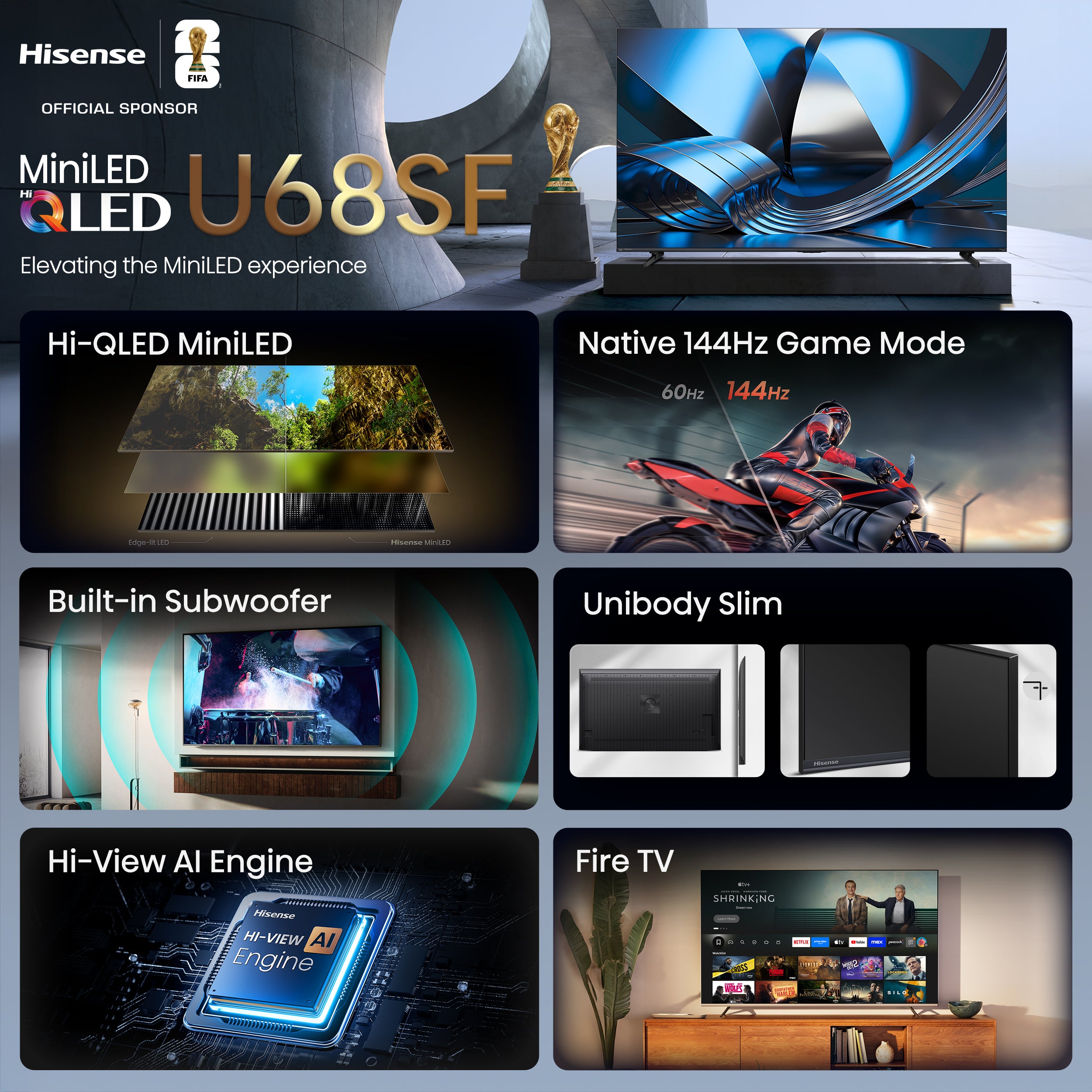 Hisense 85" QLED Mini-LED AI TV 144Hz - Fire TV - 85U68SF--