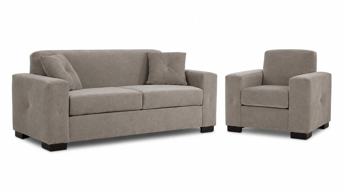 Valetta Sofa and Chair Set - Wheat with wide track arms, dark block feet and matching accent pillows