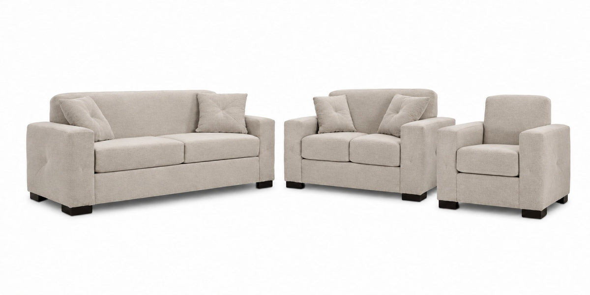 Valetta Sofa, Loveseat and Chair Set - Ivory with wide track arms, dark block feet and matching accent pillows