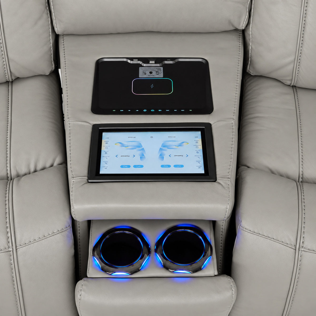 Velocity light grey wedge console with touchscreen controls, wireless charging pad and illuminated cupholders