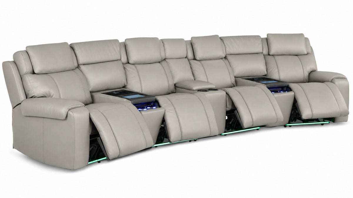 Velocity light grey home theatre seating with four power footrests extended, illuminated cupholders and base lighting