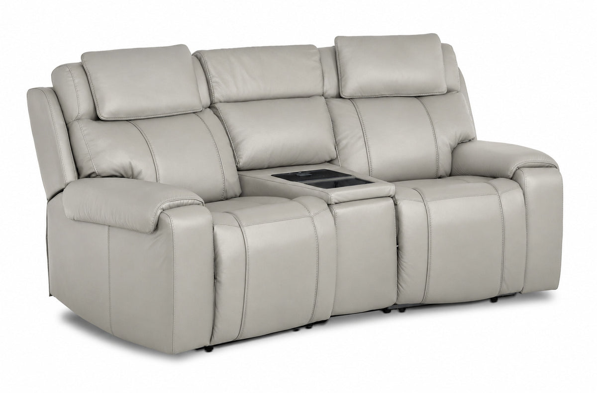 Velocity 3-Piece Leather Power Reclining Home Theatre Seating - Light Grey with two seats and wedge console