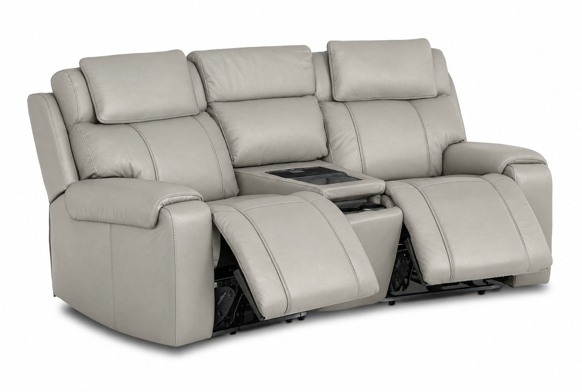 Velocity light grey leather home theatre seating angled view with both power footrests extended and centre console
