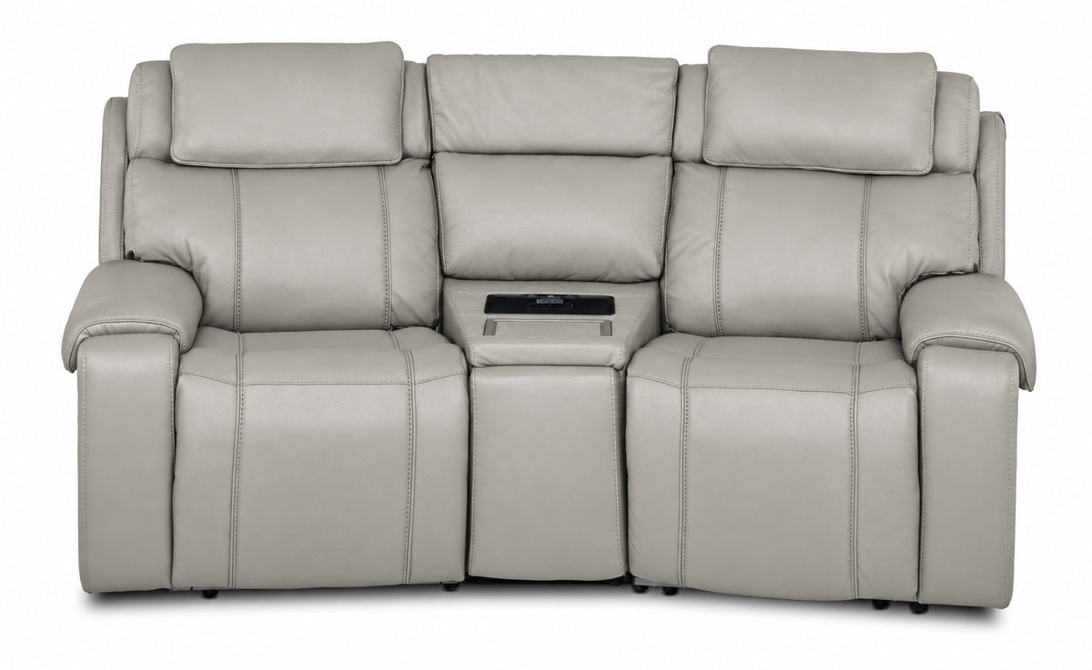 Velocity light grey 3-piece home theatre seating front view with two recliner seats and centre wedge console