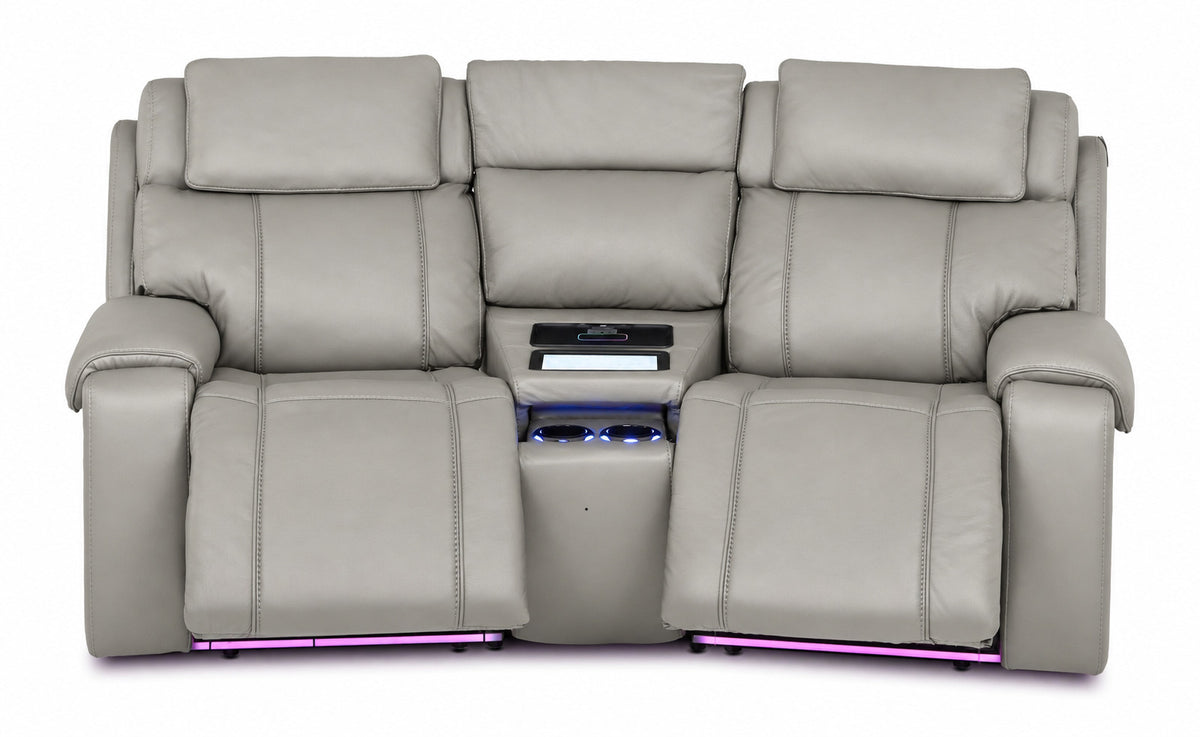 Velocity light grey home theatre seating front view with extended footrests, illuminated console and base lighting