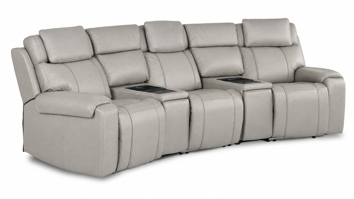 Velocity 5-Piece Leather Power Reclining Home Theatre Seating - Light Grey with three seats and two wedge consoles