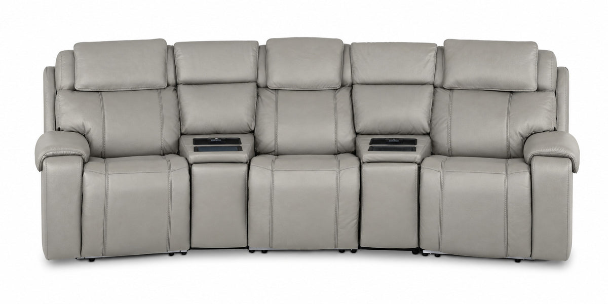 Velocity light grey 5-piece home theatre seating front view with three recliner seats and two wedge consoles