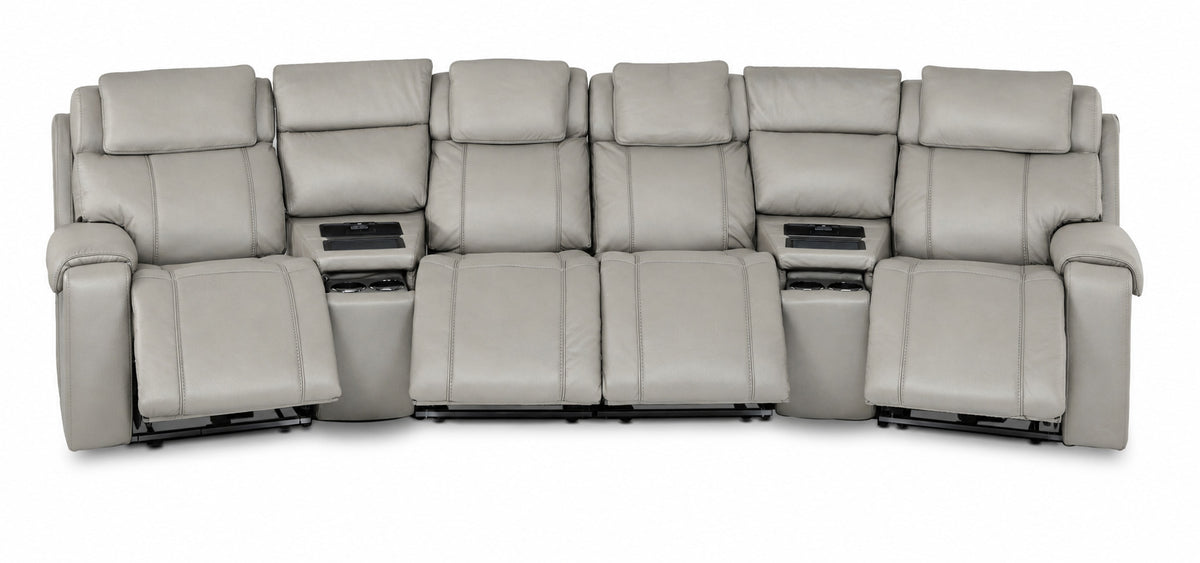 Velocity light grey home theatre seating front view with four extended footrests and two integrated wedge consoles