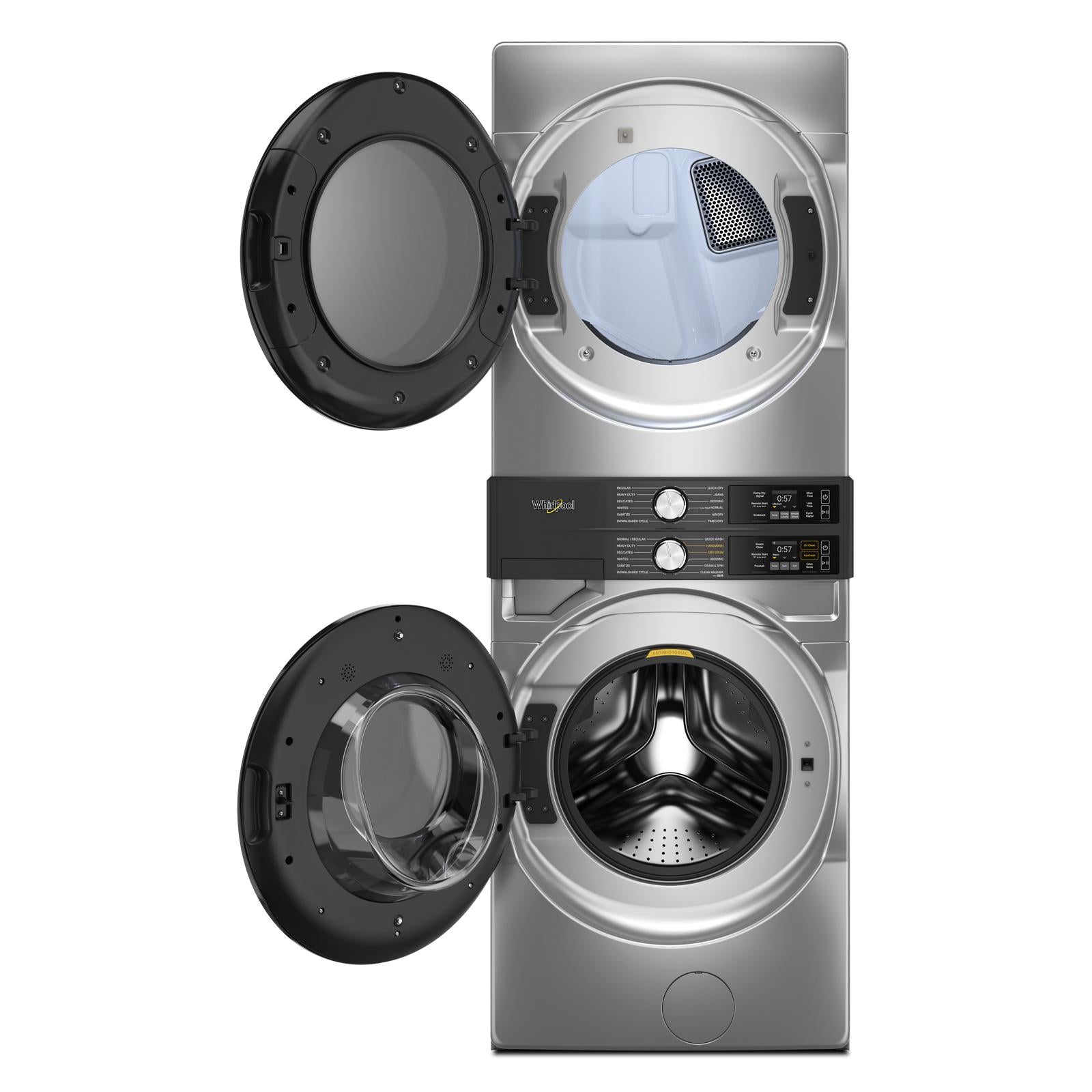 Whirlpool Radiant Silver Front Load Laundry Tower with FreshFlowTM Vent System and UV Clean Technology (5.2 cu. ft. Washer & 7.4 cu. ft. Gas Dryer) - WGF5727TR