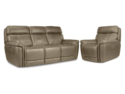 Stallion Leather Dual Power Reclining Sofa and Chair Set - Pebble