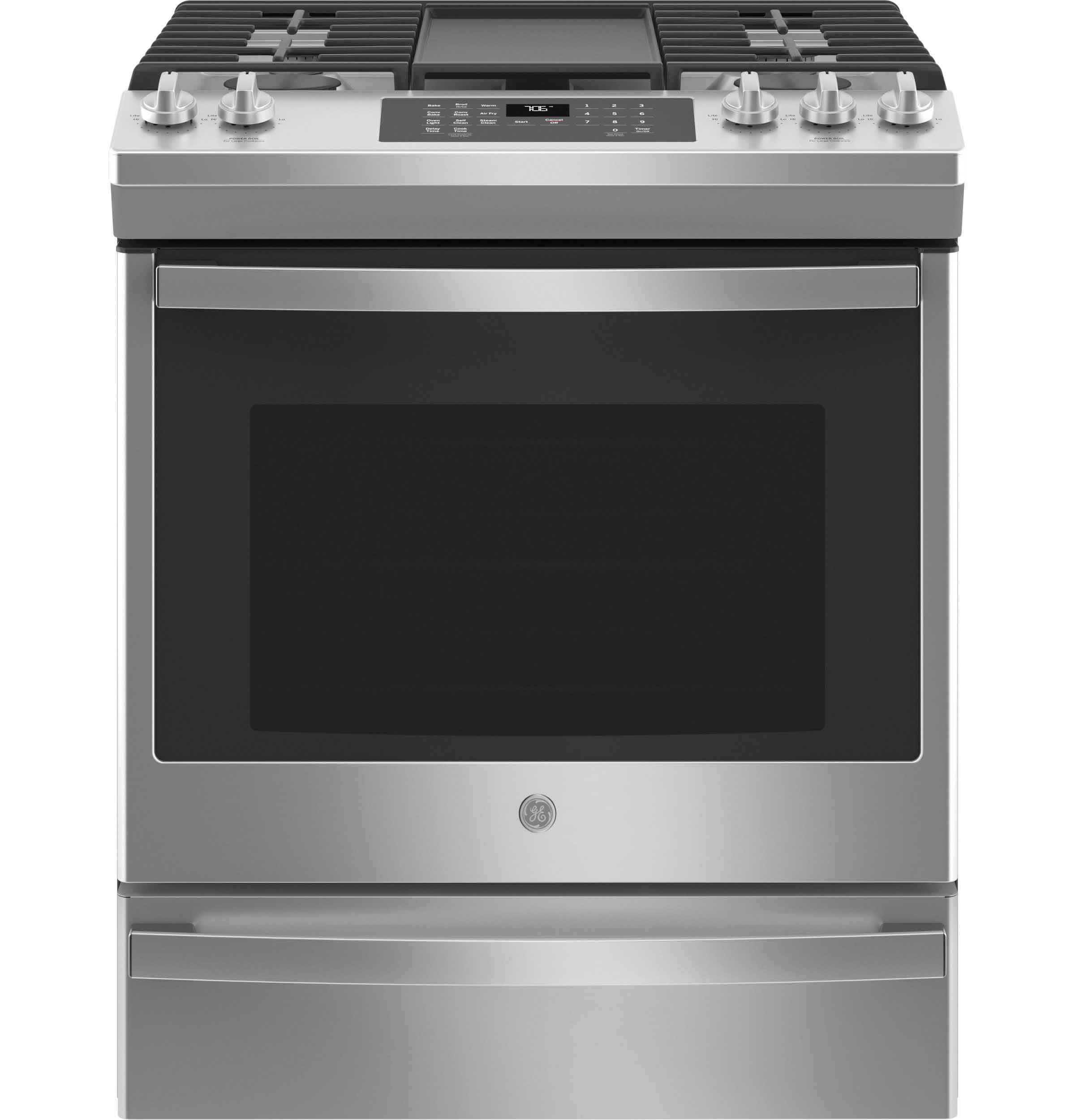 GE Stainless Steel 30" Slide-In Gas Convection Range with Air Fry (5.6 Cu. Ft.) - JCGS760SPSS