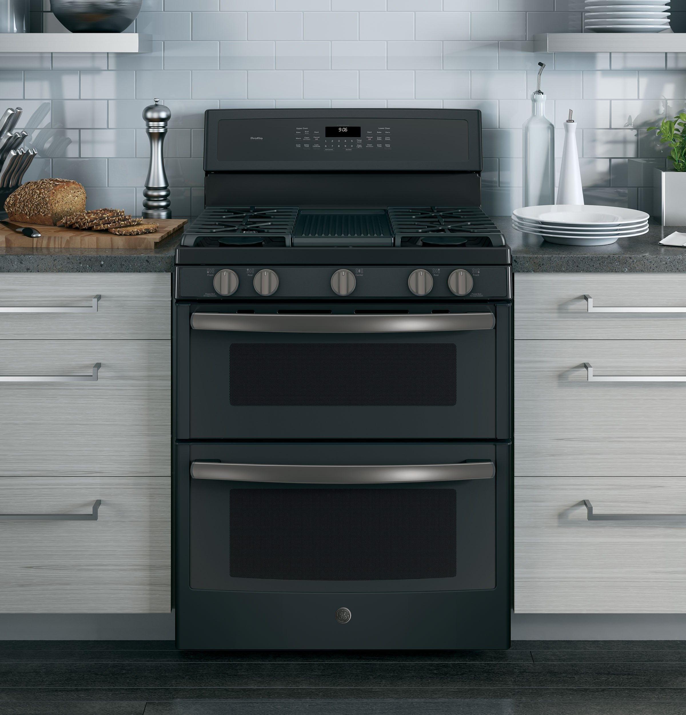 GE Profile Black Slate Freestanding Gas Double Oven Range (6.8 Cu. Ft.) - PCGB960FEJDS