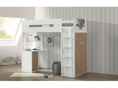 Mangana Twin Loft Bed with Bookcase - White/Natural