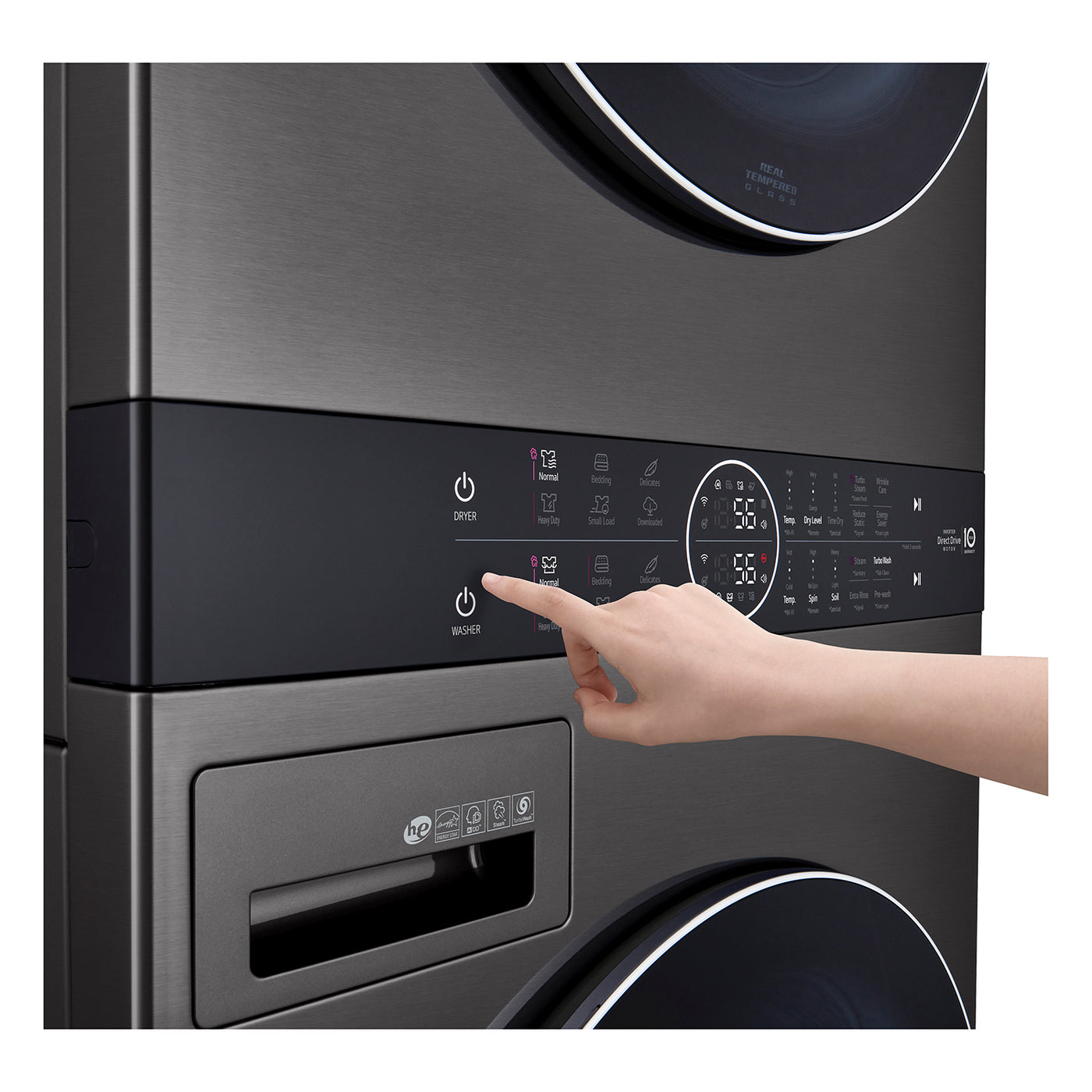 LG Black Steel Front Load LG WashTower™ with Centre Control™ 5.2 Cu. Ft. Steam Washer and 7.4 Cu. Ft. Electric Steam Dryer - WKEX200HBA