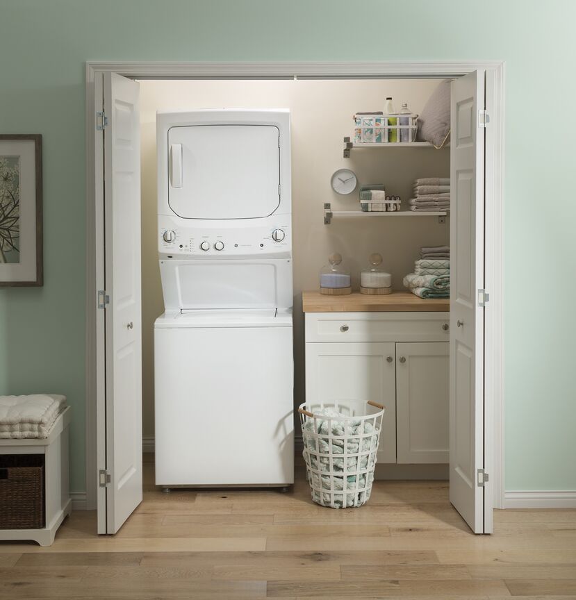 GE White Unitized Spacemaker® Washer (4.4 Cu.Ft.) and White Gas Dryer (5.9 Cu.Ft.) - GUD27GSSMWW