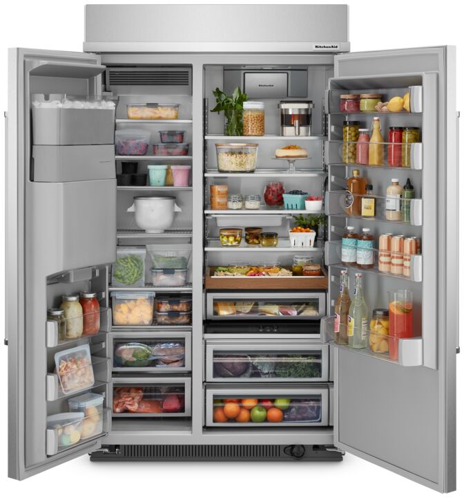 KitchenAid 48" 29.4 Cu. Ft. Fingerprint Resistant Stainless Steel Built-In Side-by-Side Refrigerator - KBSD708MPS
