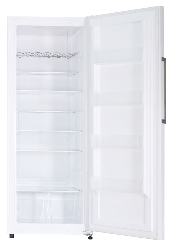 A white refrigerator with an open door displaying five door shelves, a wire wine rack, five glass shelves and two crisper drawers.