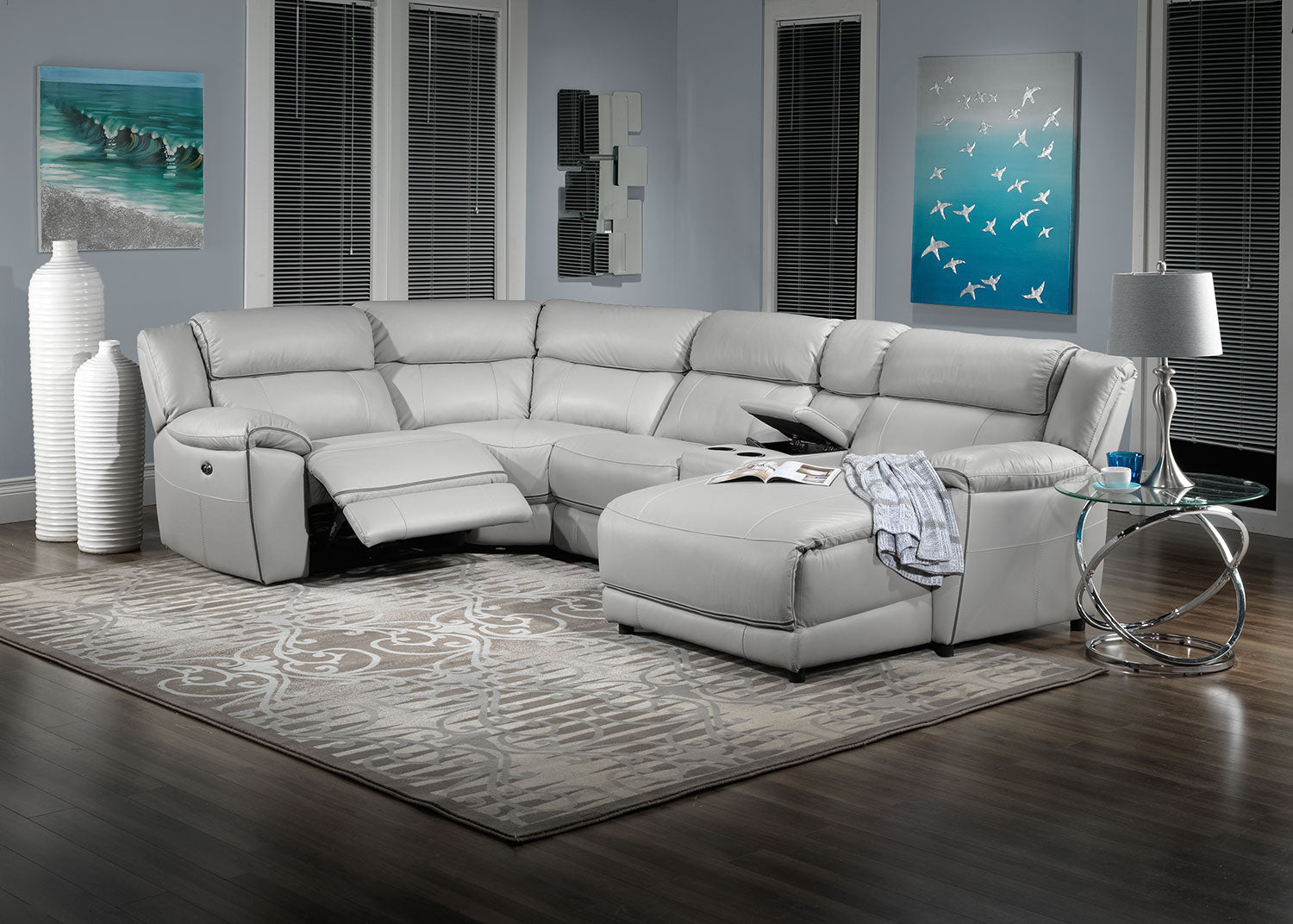 Holton Leather 5-Piece Sectional with Right-Facing Chaise - Grey