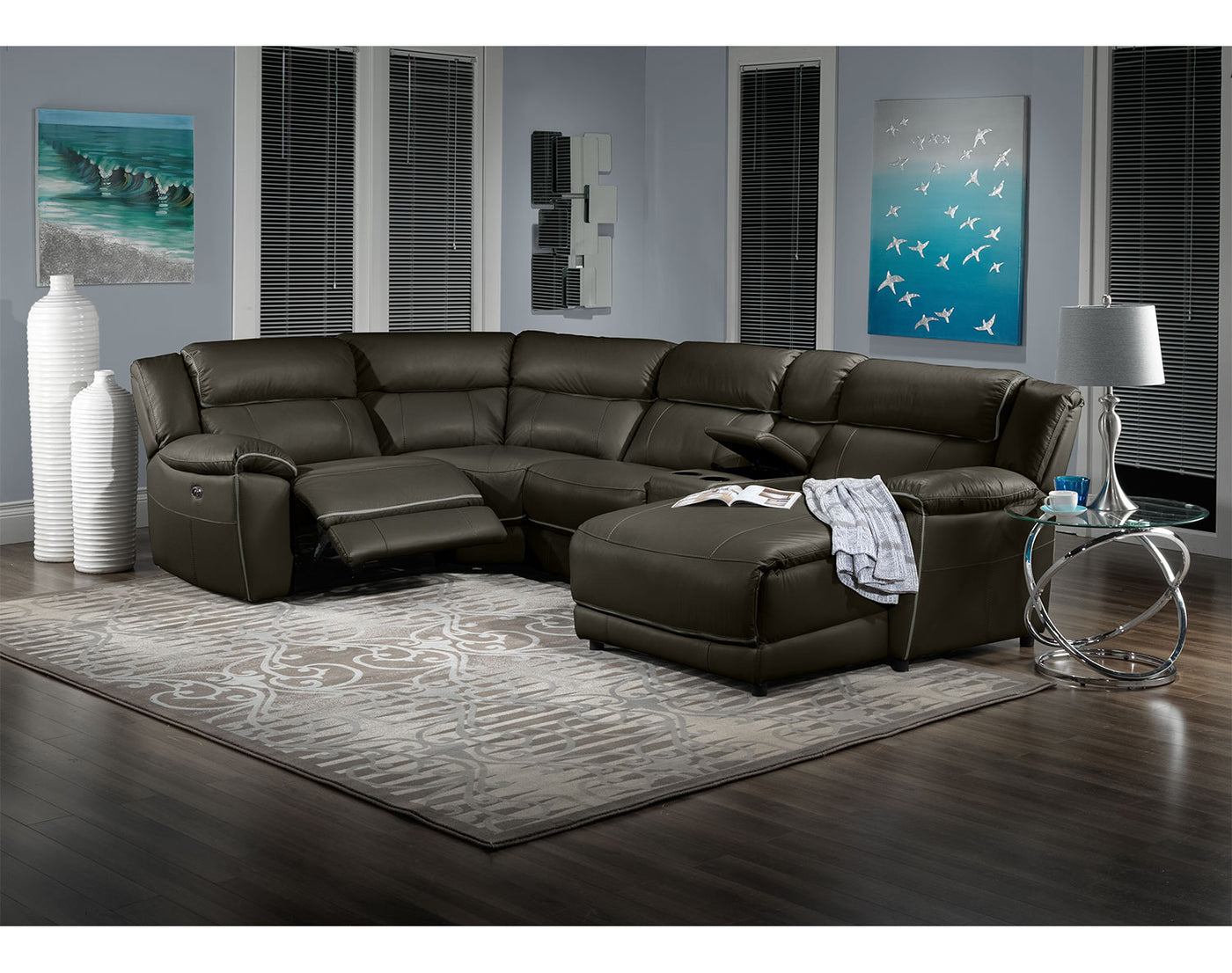 Holton Leather 5-Piece Sectional with Right-Facing Chaise - Charcoal Grey