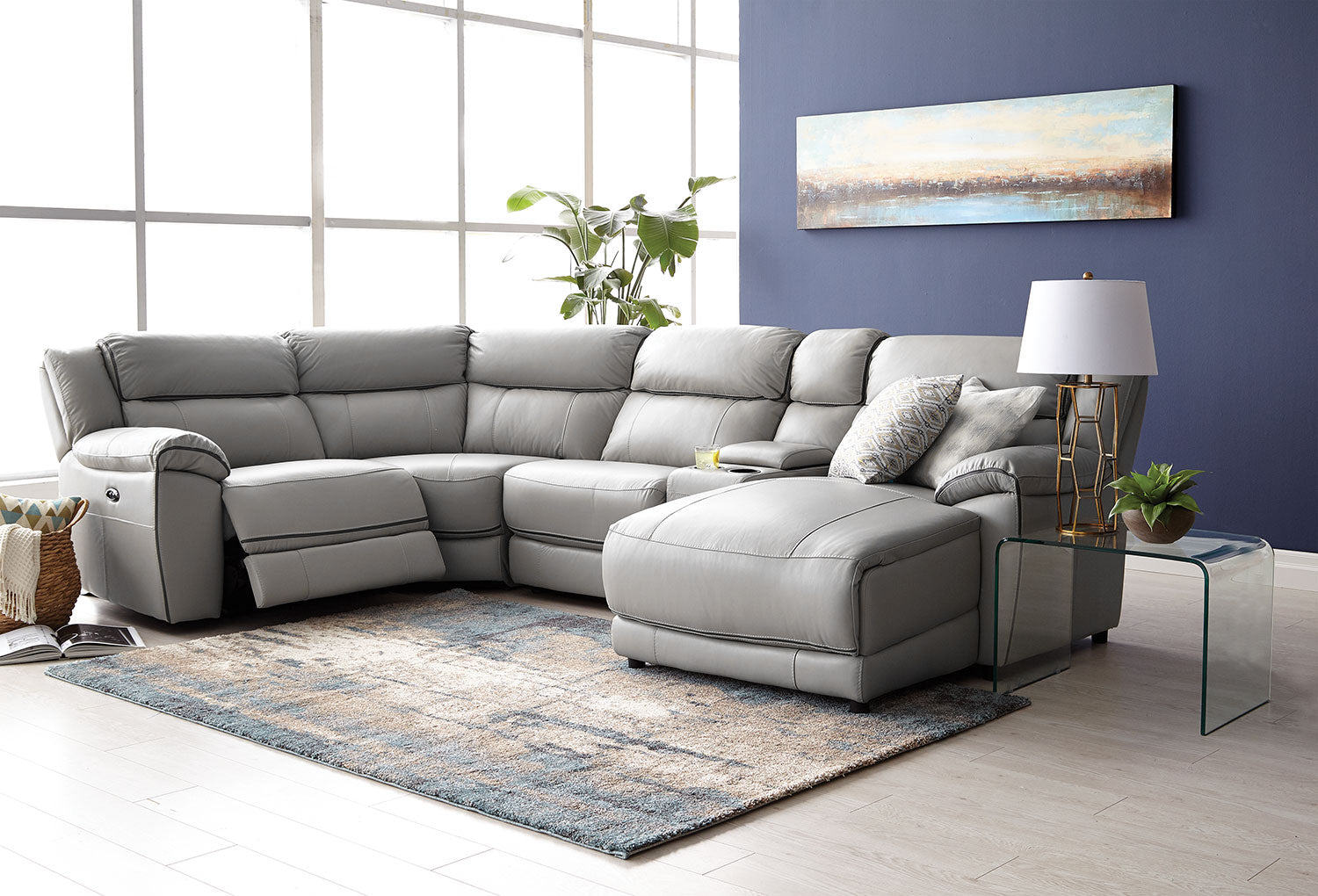 Holton Leather 5-Piece Sectional with Right-Facing Chaise - Grey