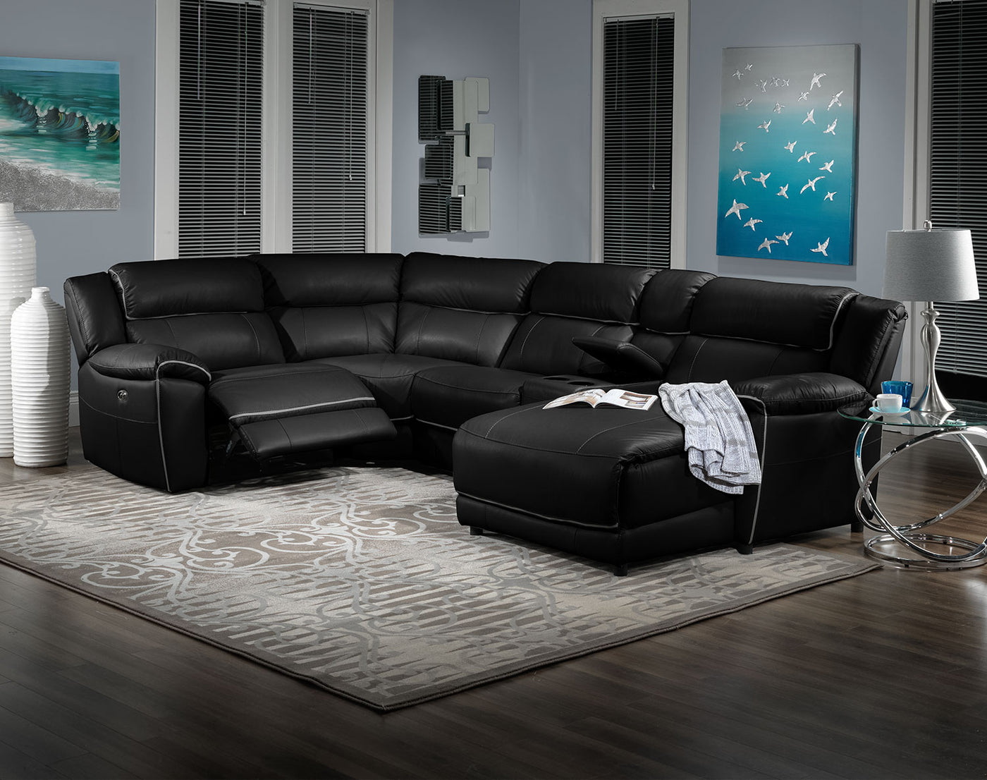 Holton Leather 5-Piece Sectional with Right-Facing Chaise - Black