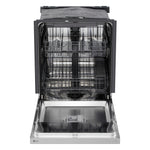 Front view of LG Stainless Steel FlushFit Dishwasher open to show upper and lower racks and cutlery basket