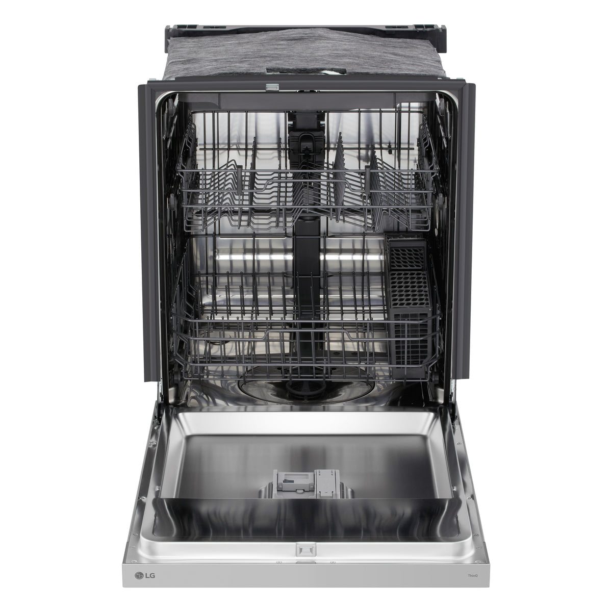 Front view of LG Stainless Steel FlushFit Dishwasher open to show upper and lower racks and cutlery basket