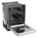 LG Stainless Steel FlushFit Dishwasher with door open, showing stainless tub, two racks and cutlery basket