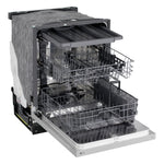 LG Stainless Steel FlushFit Dishwasher with 3rd rack, upper rack and lower rack extended for loading