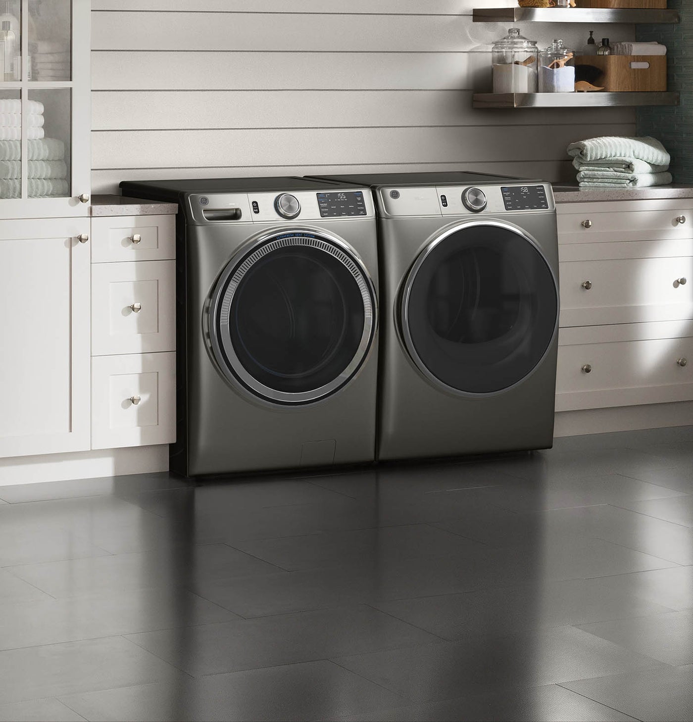 GE Satin Nickel Front Load Washer (5.5 Cu. Ft.) & GE Satin Nickel Electric Front Load Dryer (7.8 Cu. Ft.) - GFW650SPNSN/GFD65ESMNSN
