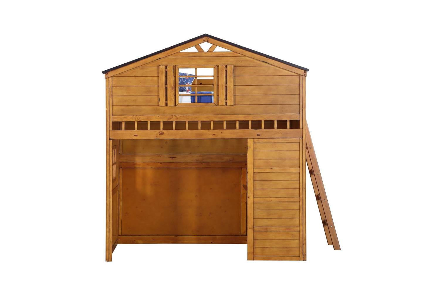 Djalu Twin Tree House Loft Bed with Bookcase - Rustic Oak