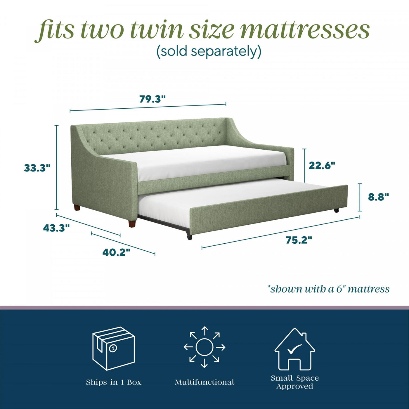 Novogratz Her Majesty Twin Daybed and Trundle - Light Jade