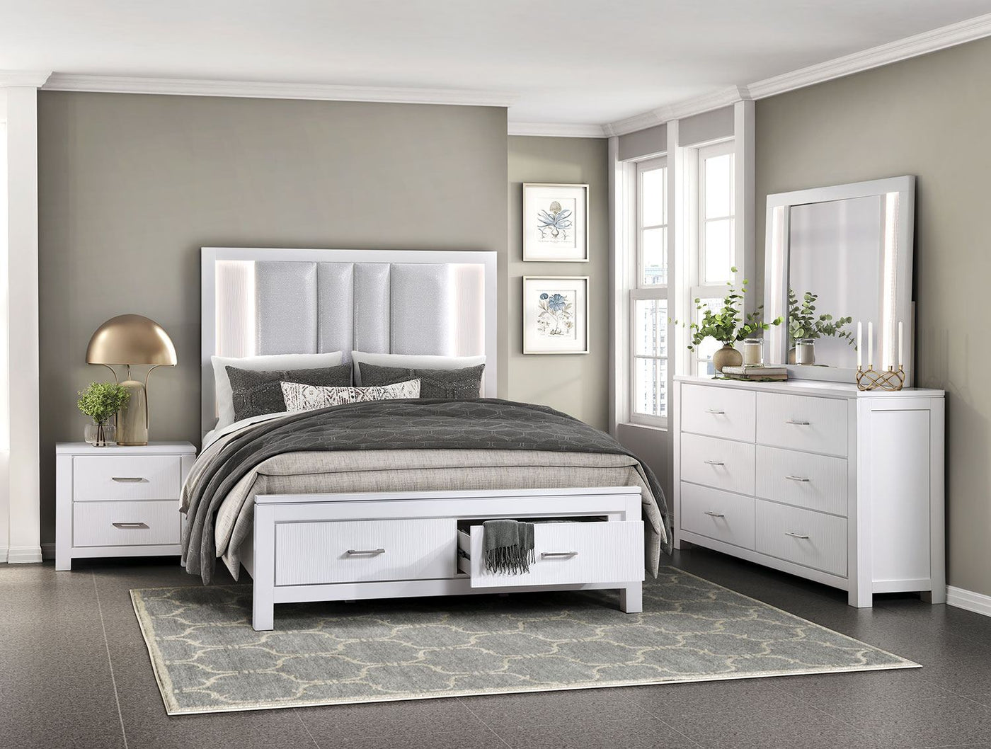 Paris 6-Piece Queen Storage Bedroom Package - White, Silver