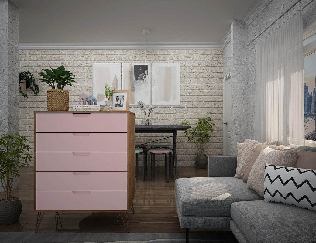 Nuuk 5-Drawer Dresser - Nature/Rose Pink
