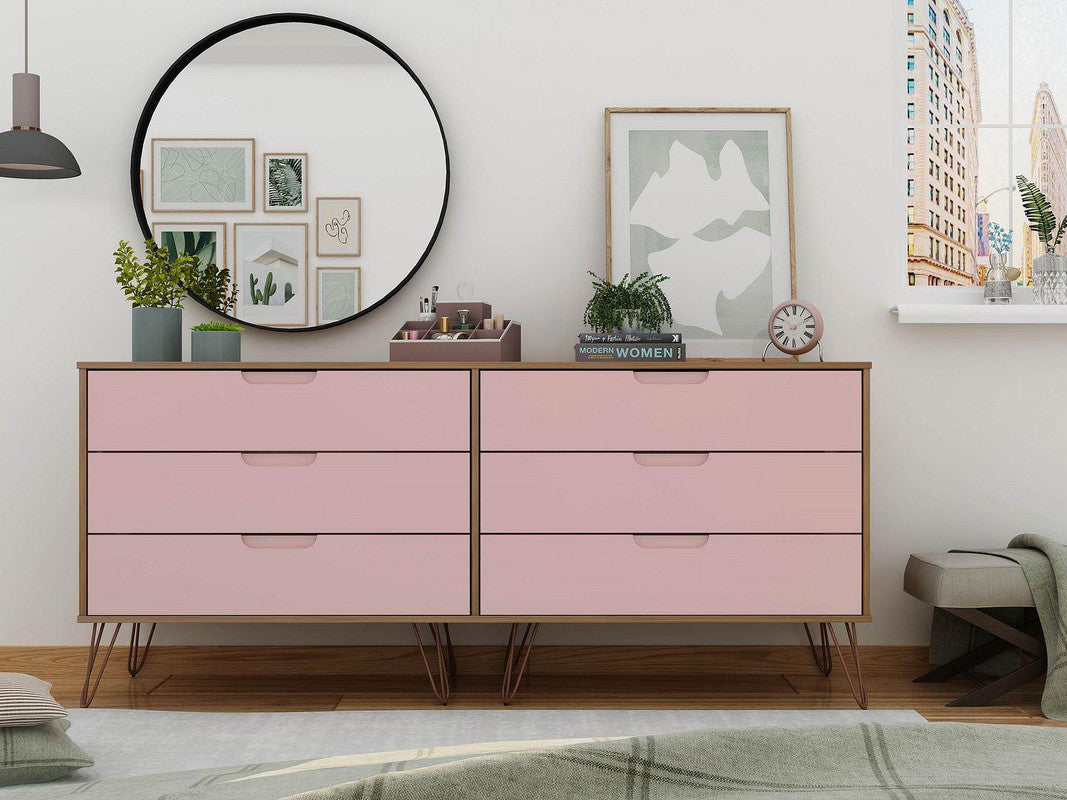 Nuuk 6-Drawer Double Dresser - Nature/Rose Pink
