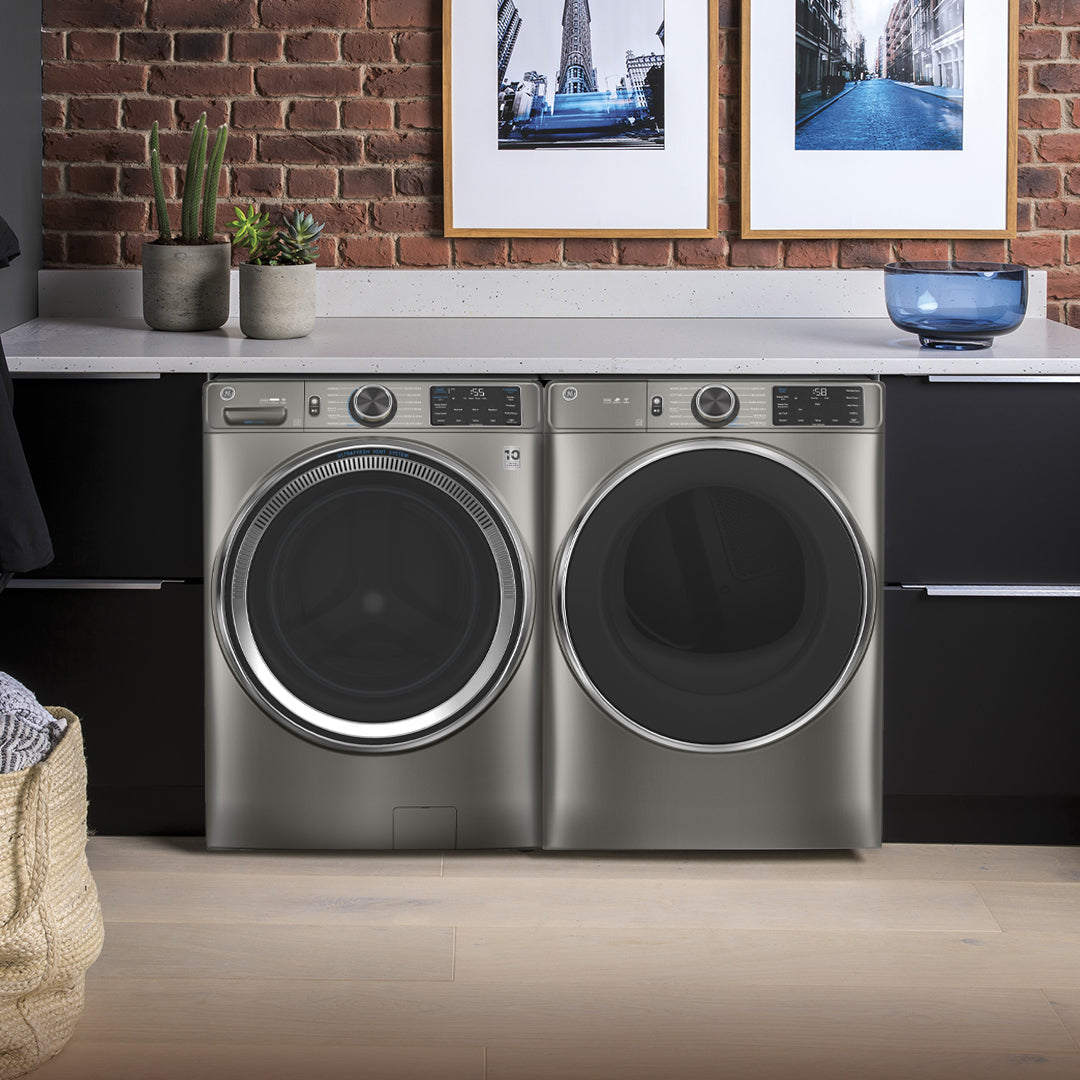 GE Satin Nickel Front Load Washer (5.5 Cu. Ft.) & GE Satin Nickel Electric Front Load Dryer (7.8 Cu. Ft.) - GFW650SPNSN/GFD65ESMNSN
