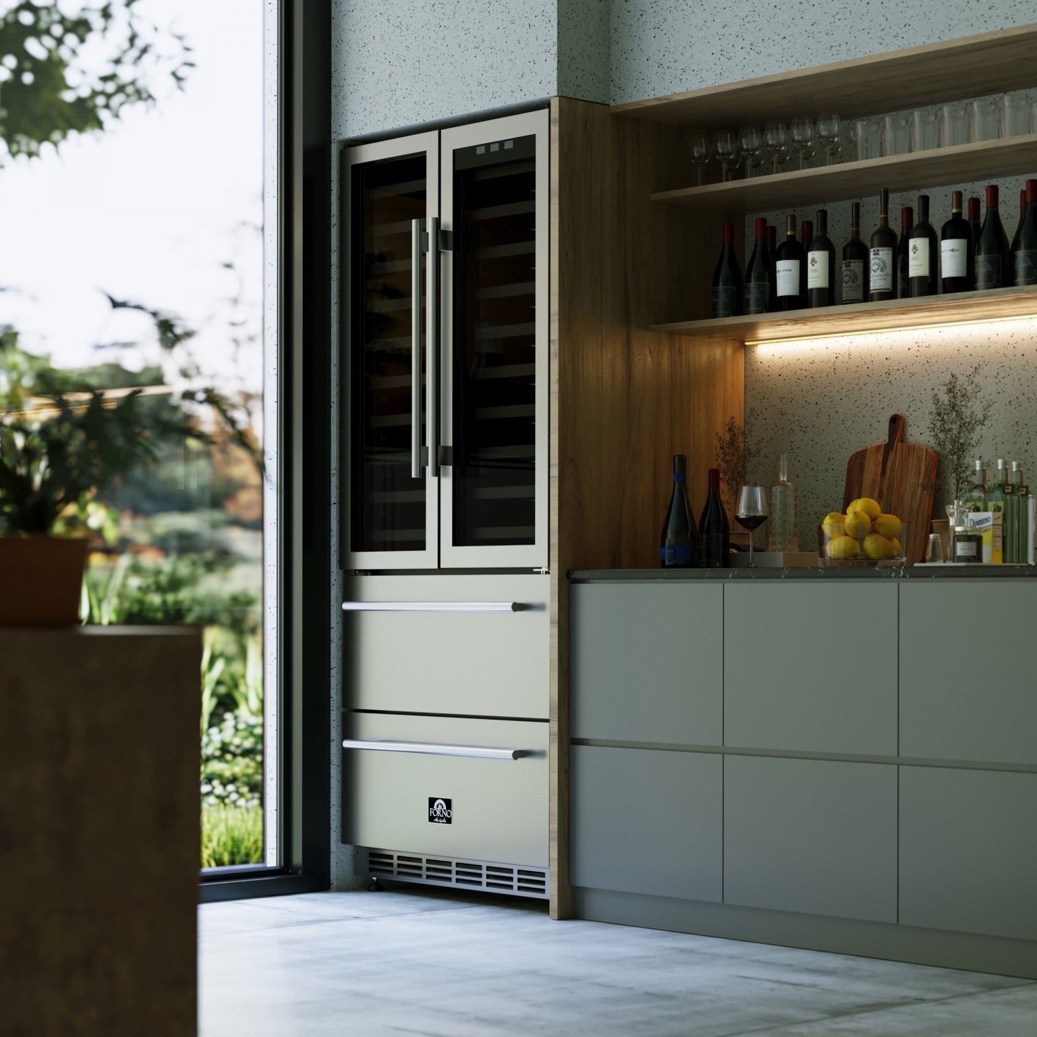 Forno Campania 32" 17.7 Cu.Ft.Stainless Steel 120 Bottle Dual Wine Cooler with Two Beverage Drawers - FWCDR6635-32S