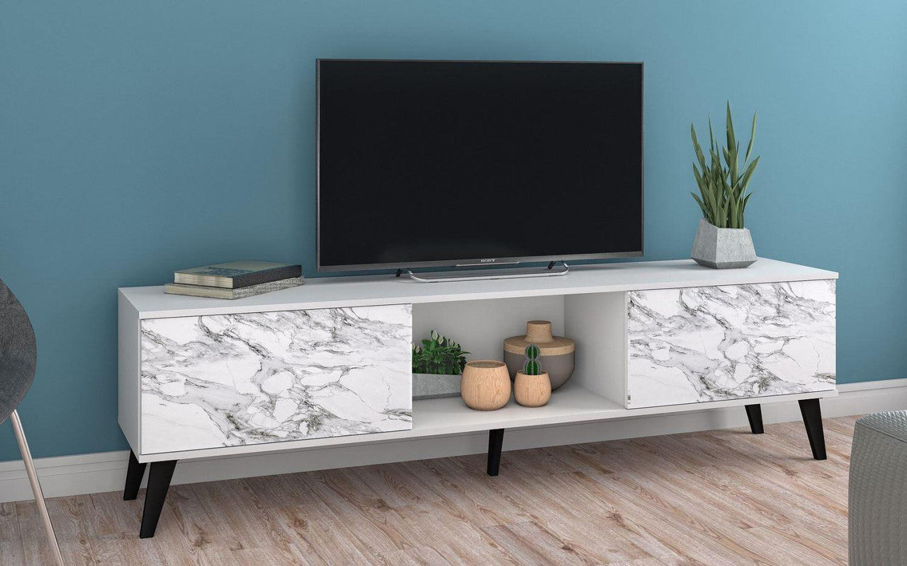 Derbent 71" TV Stand - White/Marble Stamp