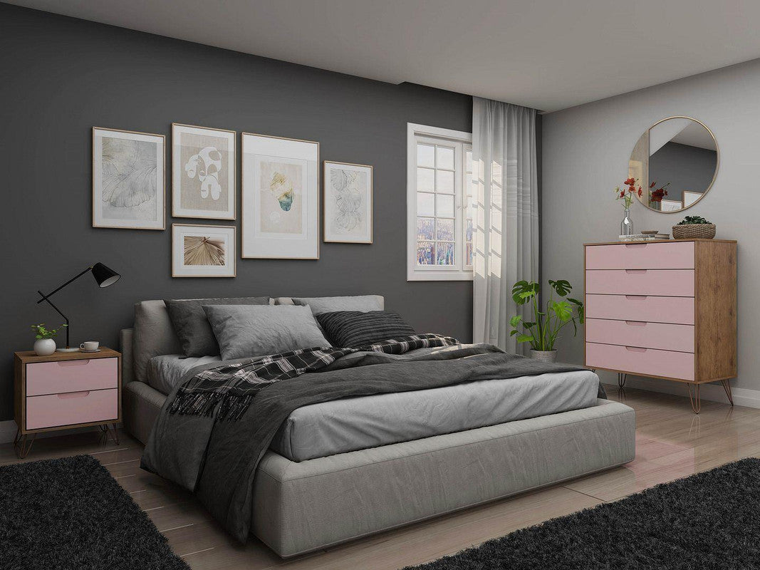 Nuuk 5-Drawer Dresser and Night Table Set - Nature/Rose Pink