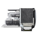 Side view of LG FlushFit Dishwasher with open door and loaded upper, lower and 3rd racks