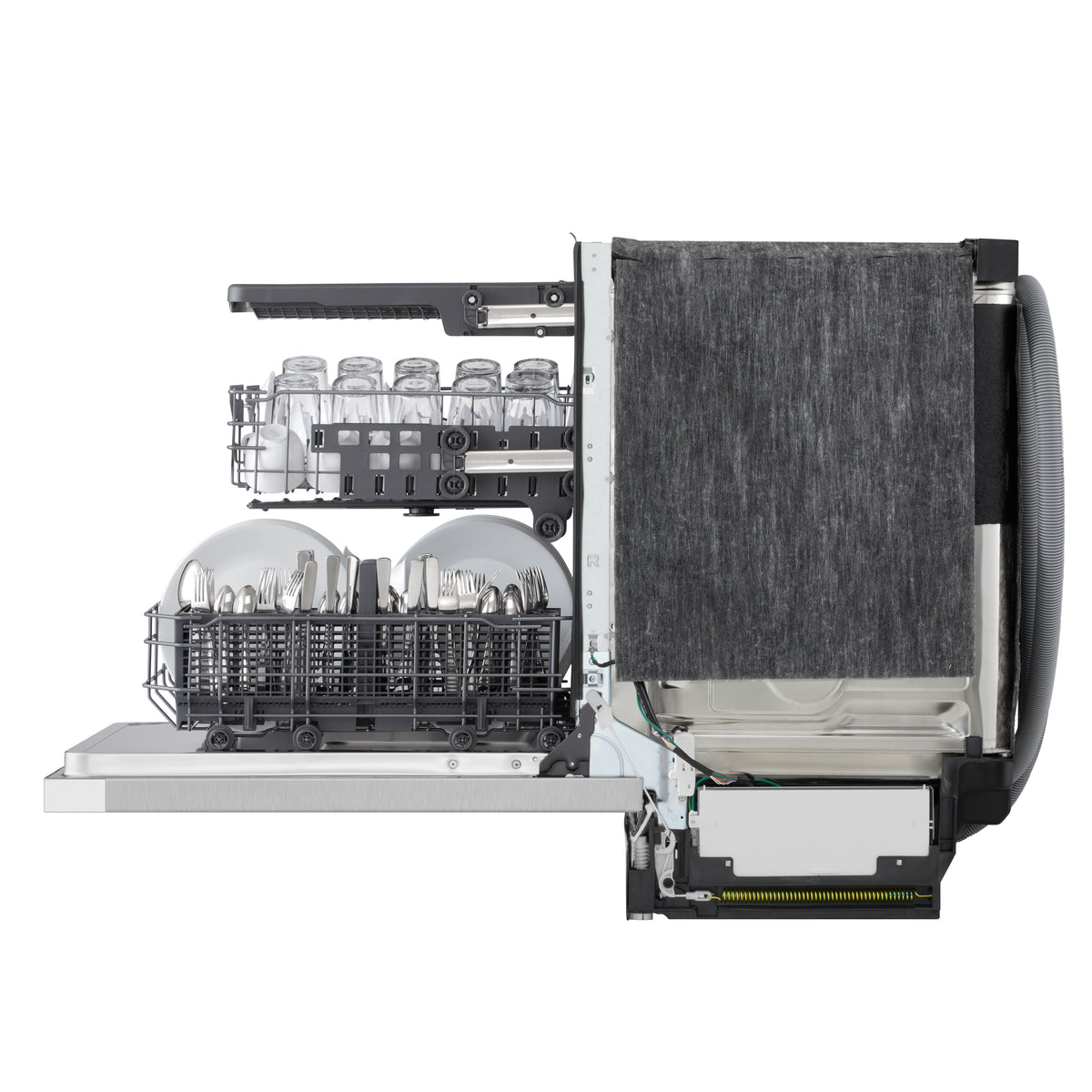 Side view of LG FlushFit Dishwasher with open door and loaded upper, lower and 3rd racks